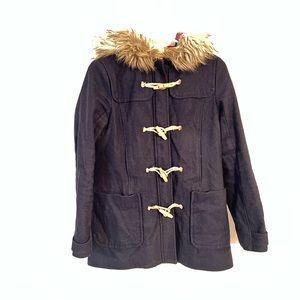 American Eagle Outfitters Faux Fur Hood Toggle Button Peacoat Women Size L Blue